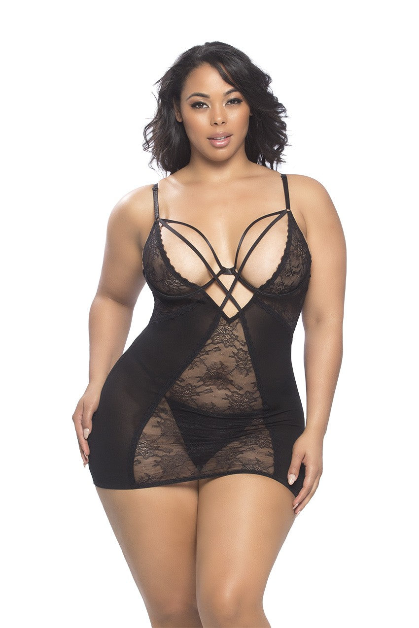 Lace and Mesh Babydoll With Underwire and Neck Straps + G-String - 1x2x - Black OH-70-10615X-BK1X2X