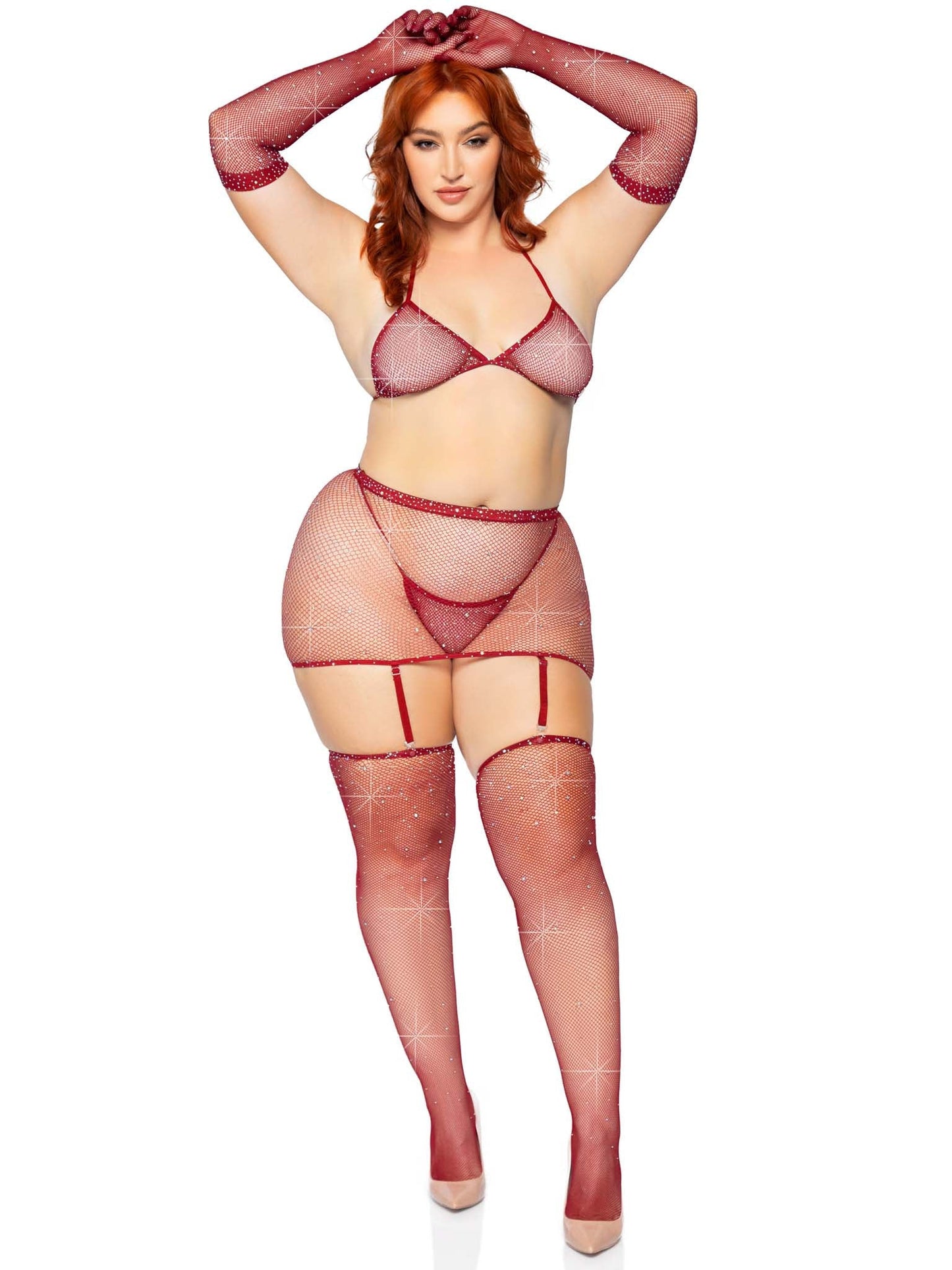 5 Pc Rhinestone Bikini Top G-String Garter Skirt, Gloves and Stockings - One Size - Burgundy LA-81617XBUR
