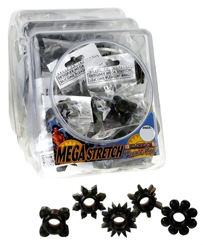 Mega Stretch Silicone Pleasure Rings - Black - 72 Piece Fishbowl PD2219-23