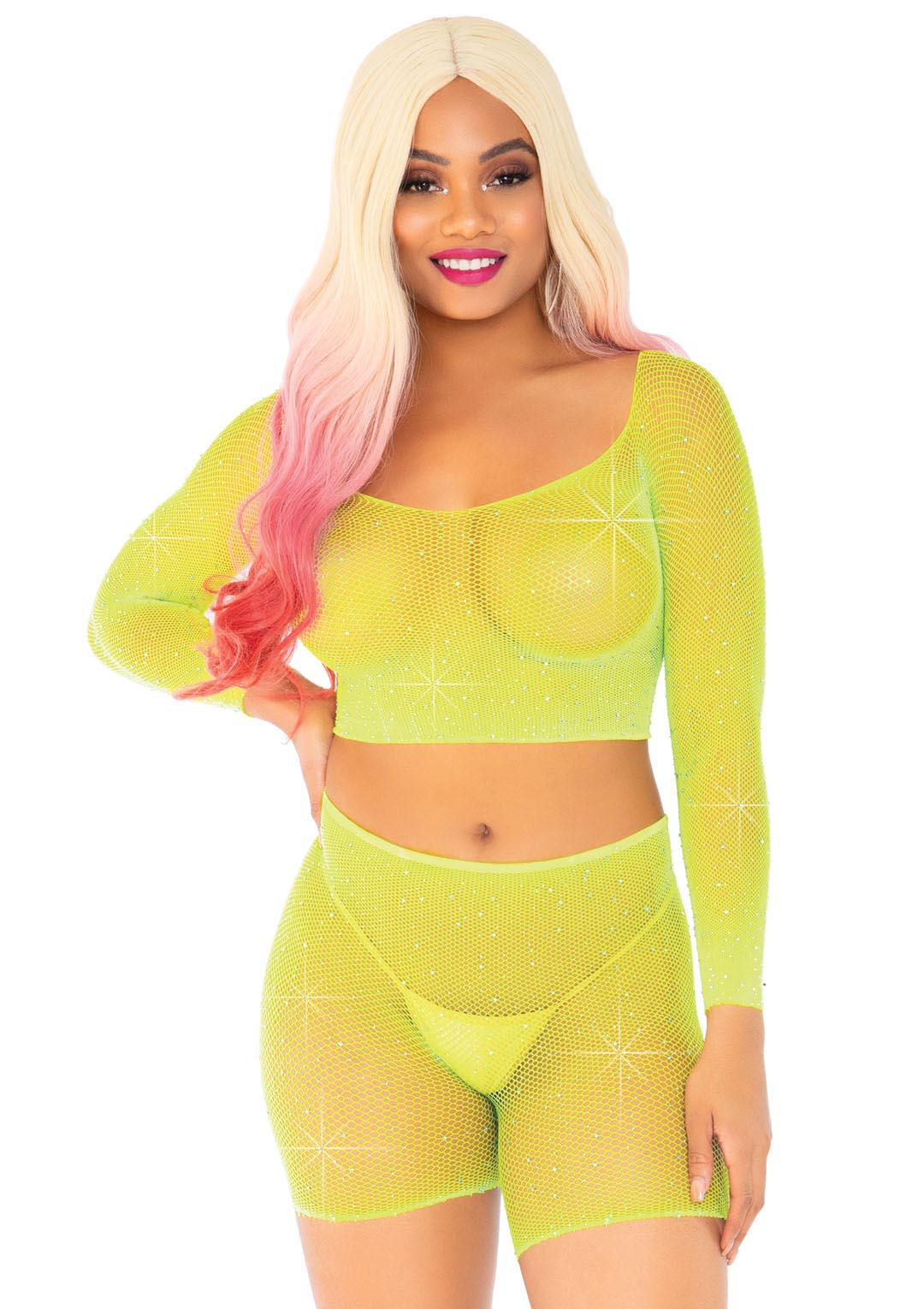 2 Pc Rhinestone Fishnet Crop Top and Biker Shorts - One Size - Neon Yellow LA-81608NY