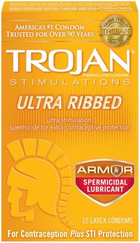 Trojan Stimulations Ultra Ribbed Spermicidal - 12 Pack TJ94552