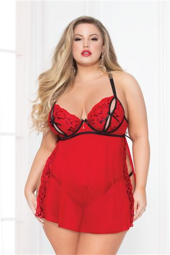 Lace & Mesh Babydoll - Black/red - 3x/4x STM-10918XRED3X4X