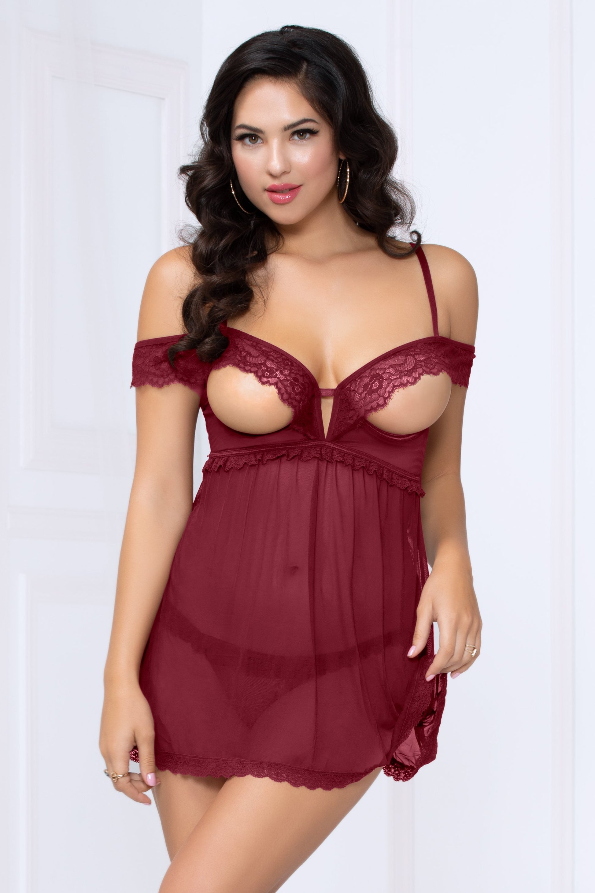 Lace and Mesh Babydoll and Thong - Wine - Medium STM-10972WINEM