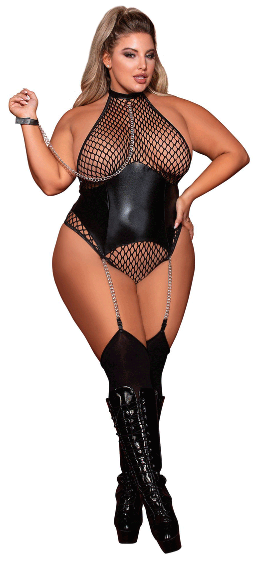 Garter Teddy and Leash - Queen Size - Black DG-12495XBLKQ