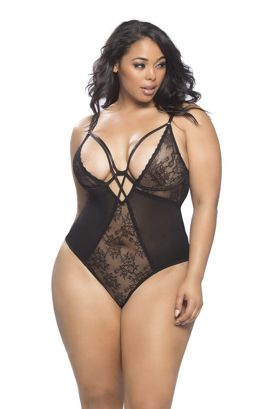 Lace and Mesh Teddy With Underwire & Neck Straps - 1x2x - Black OH-51-10615X-BK1X2X