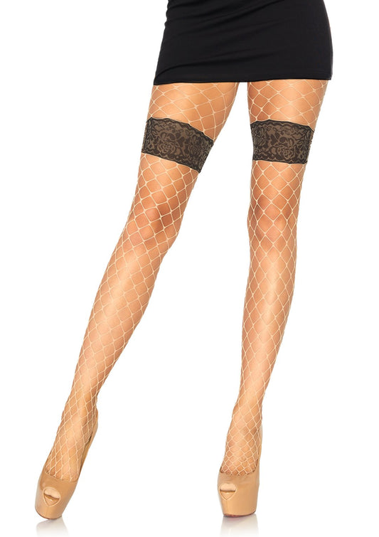 Diamond Net Tights With Faux Thigh Garter and Floral Waistband - One Size - Nude LA-9913NDBK