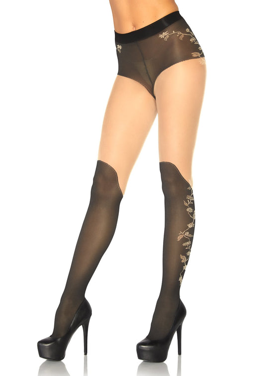 Spandex Sheer French Cut Pantyhose With Over the Knee Boot Detail and Floral Accent - One Size - Black LA-7316NDBK