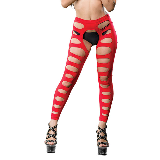Varigated Holes Crotchless Legging - One Size - Red BH-69574SD-RD