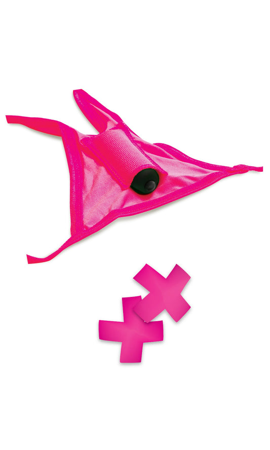 Neon Vibrating Crotchless Panty and Pasties Set Pink PD1431-11