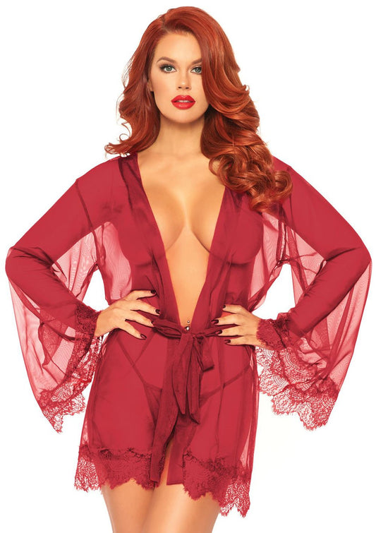 3 Pc Sheer Short Robe With Eyelash Lace Trim and Flared Sleeves - Burgandy - Medium / Large LA-86107BURML