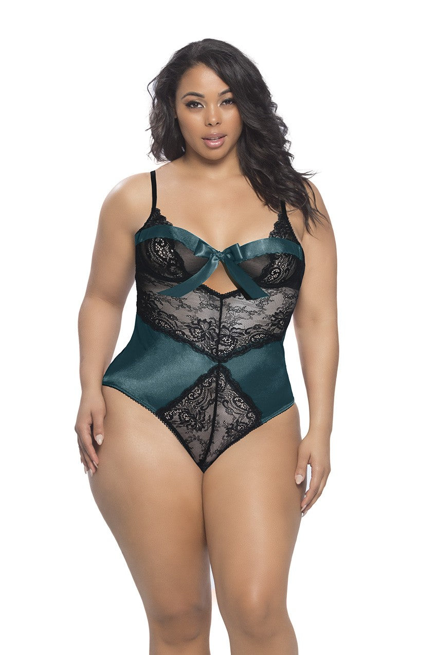 Satin and Lace Teddy With Bow Neckline - Evergreen/ Black - 3x4x OH-52-10617X-GB3X4X