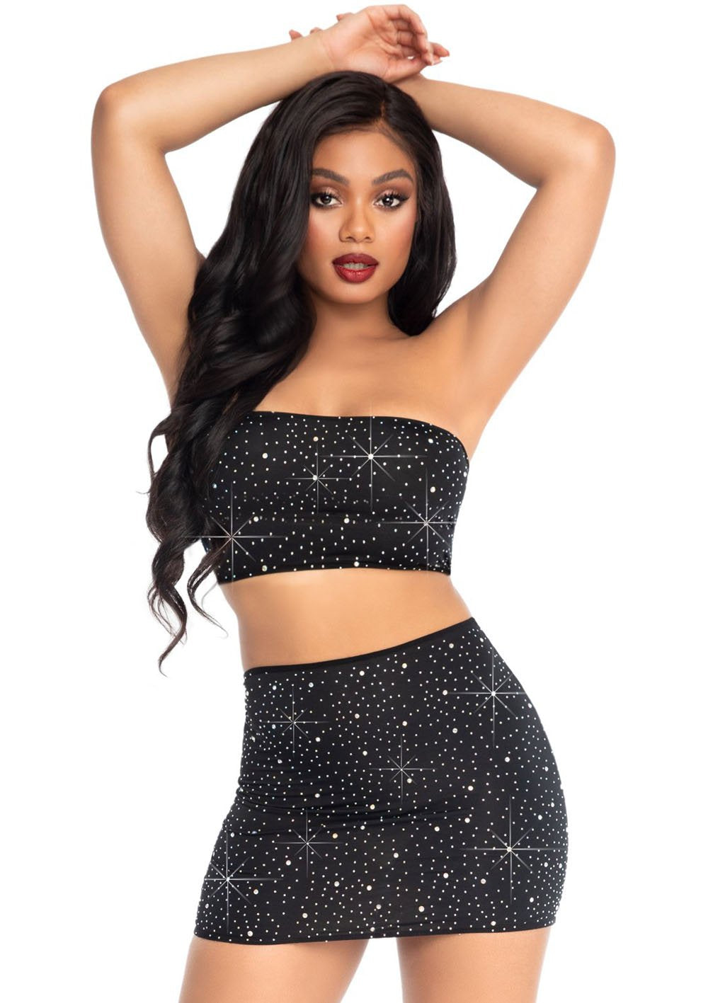 2 Pc Rhinestone Bandeau and Mini Skirt - Black - Large LA-86155BLKL