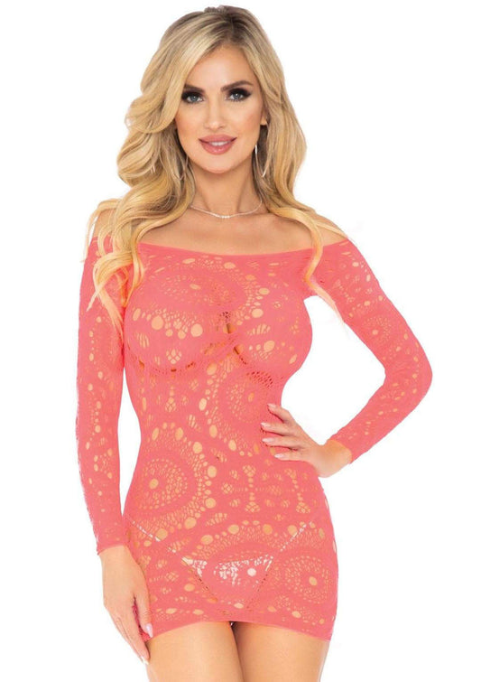 Crochet Lace Long Sleeve Mini Dress - Coral - One Size LA-86794COR