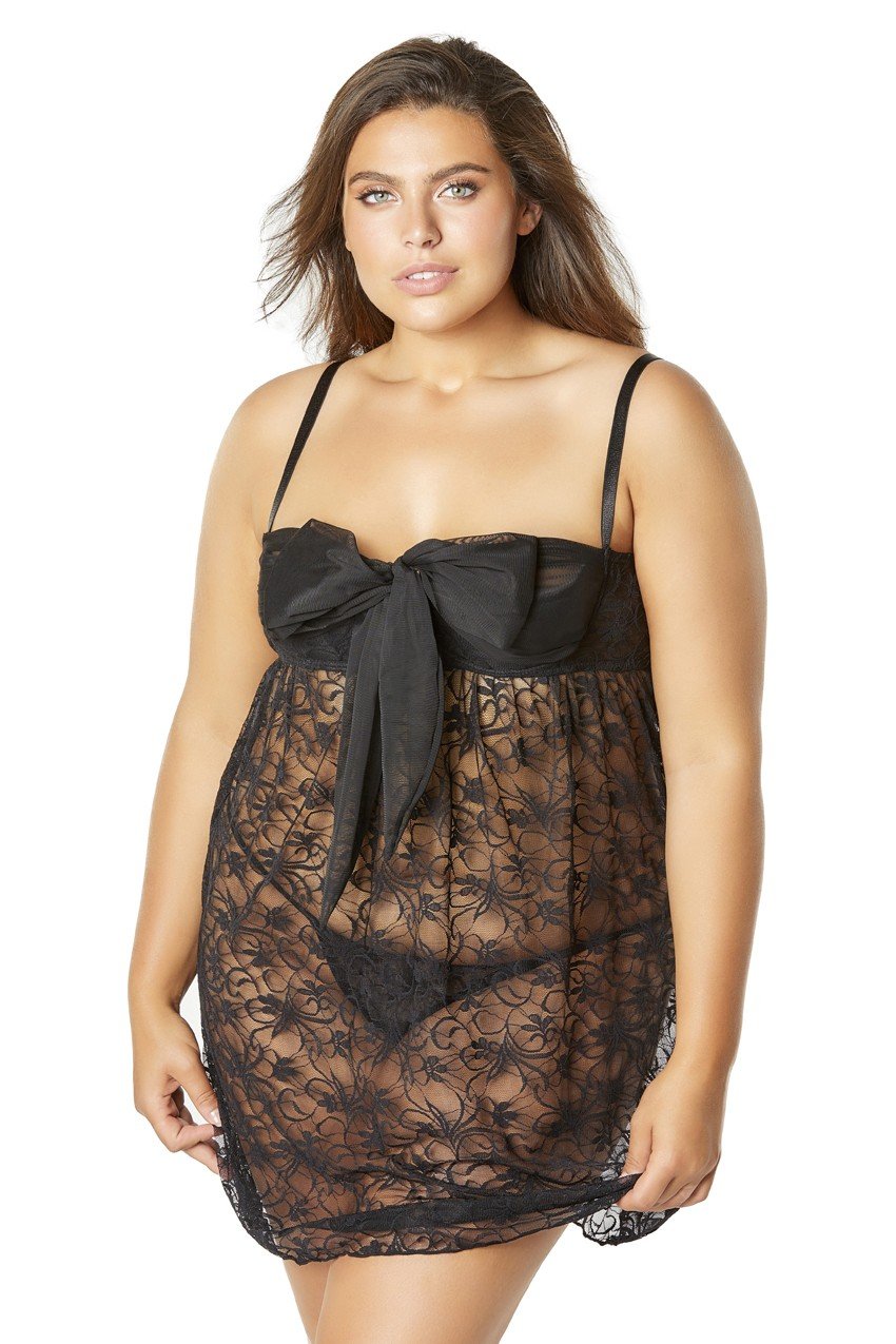 Lace Empire Babydoll With Functional Tie Shelf Cups G-String - Black - 1x/2x OH-75-10853X-BLK1X2X