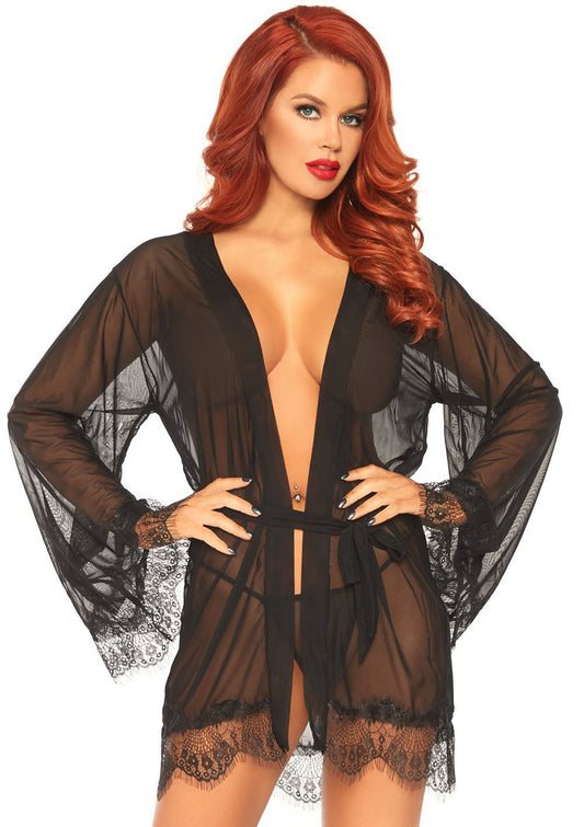 3 Pc Sheer Short Robe With Eyelash Lace Trim and Flared Sleeves - Black - Xl LA-86107BLKXL