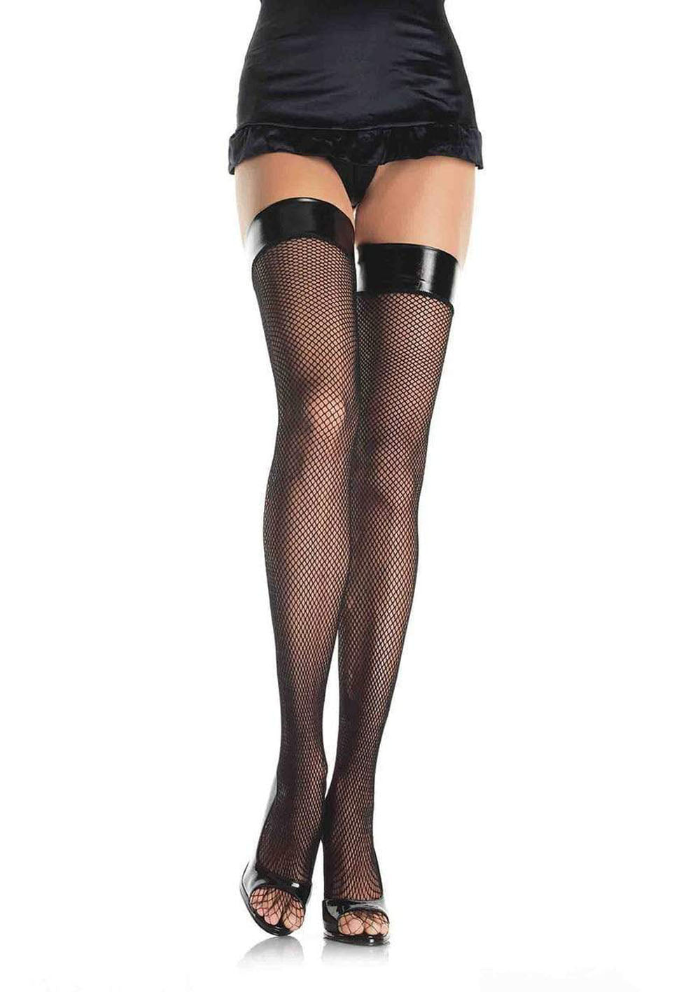 Vinyl Top Fishnet Thigh Highs - One Size - Black LA-8291BLK