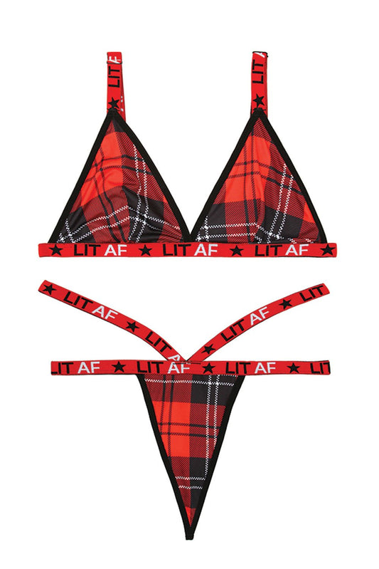 Lit Af Bralette and Thong Set - Red Plaid - S/m FL-B-AF801-SM