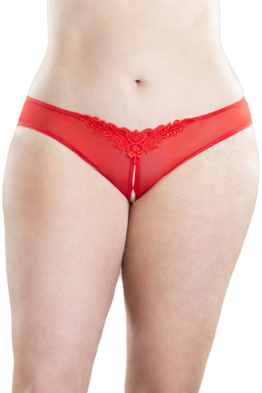 Crotchless Thong With Pearls and Venise Detail - Red - 3x4x OH-2066X-RD3X4X