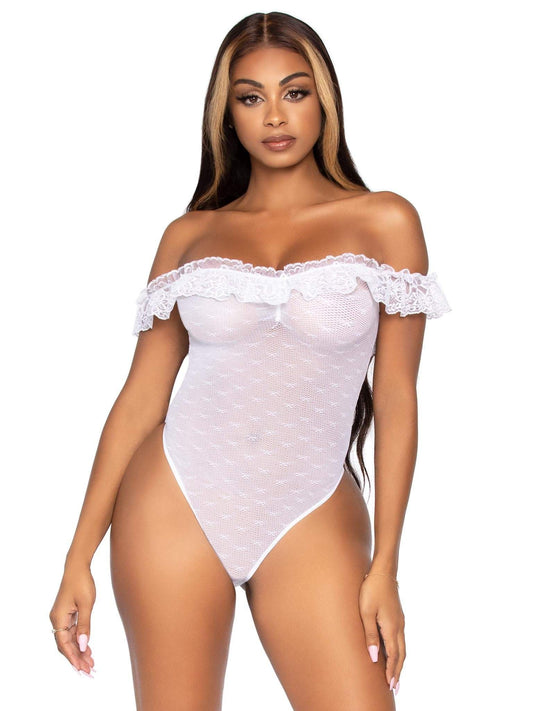 Lace Ruffle Snap Crotch Teddy - One Size - White LA-89269