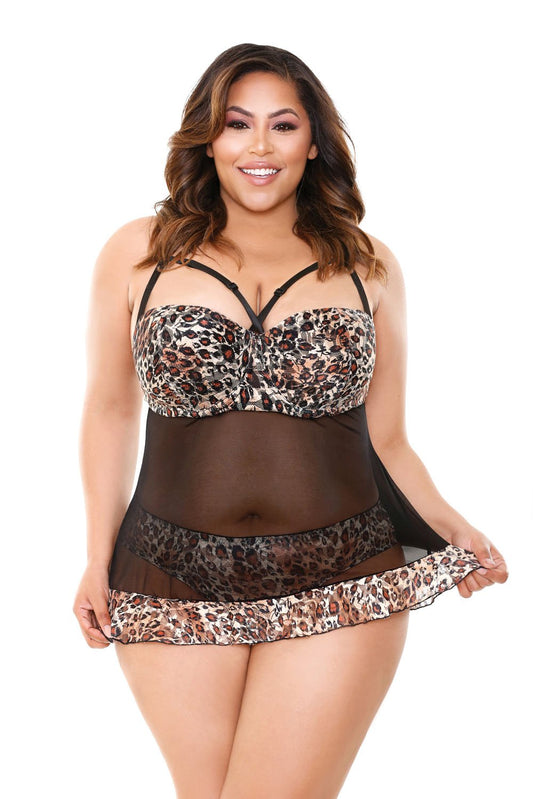 Delilah Babydoll and Panty - Leaopard Print/black - 1x2x FL-B-P407-1X2X