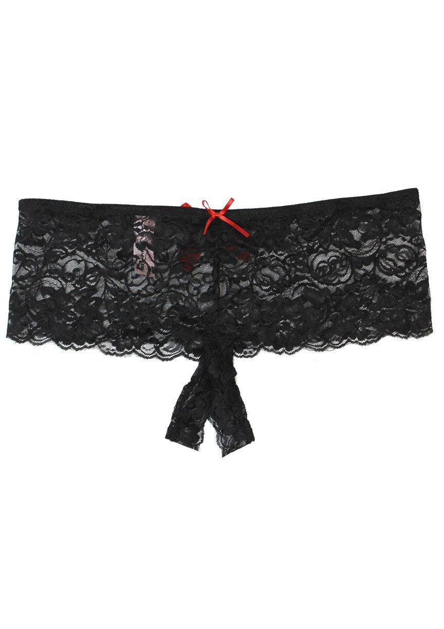 Stretch Lace Open Crotch Thong - 1x-2x - Black LA-3000XBLK2X