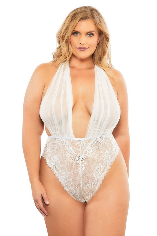 Mesh Plunge Halter Teddy - Queen Size - White OH-52-10990XWH