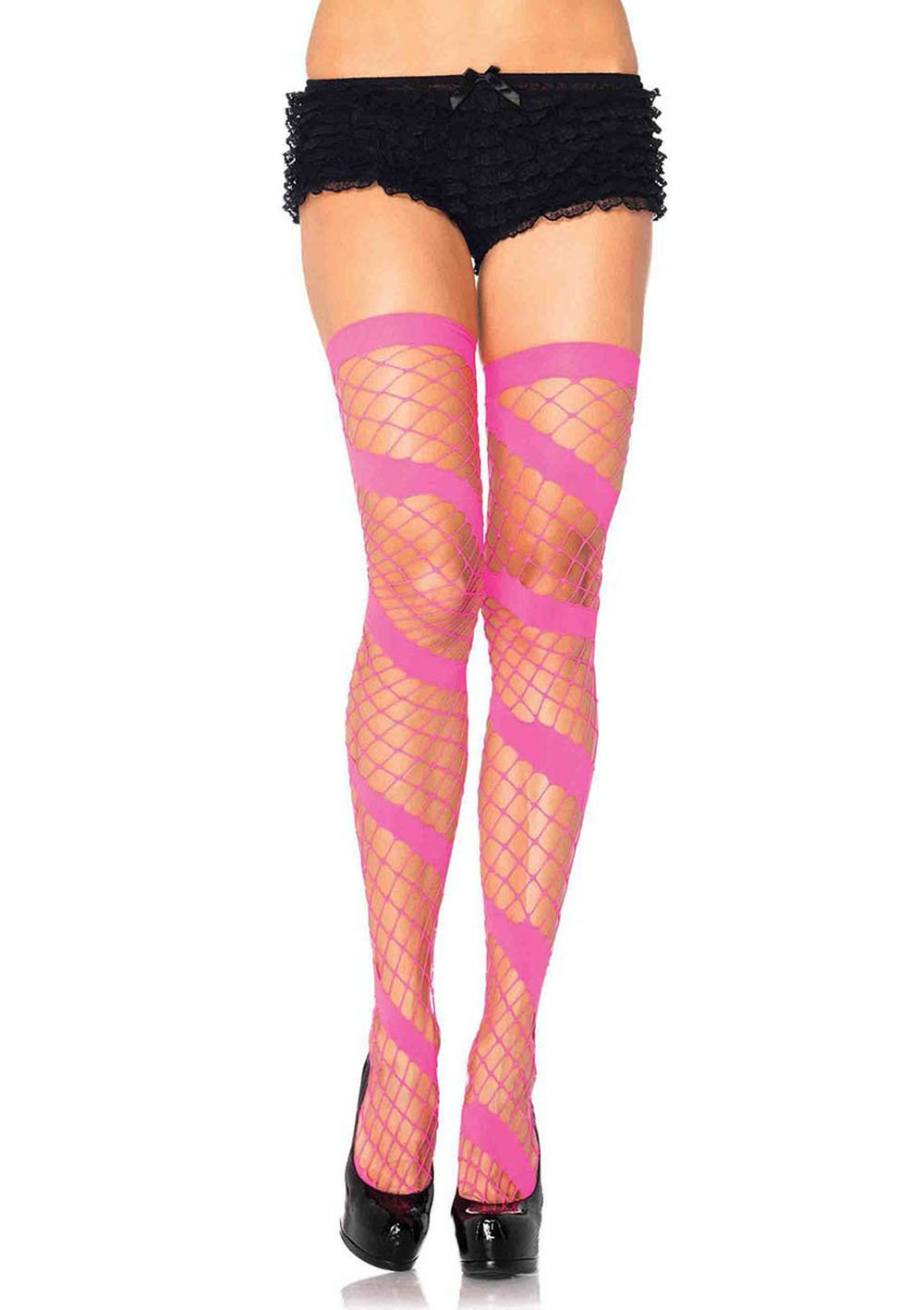 Swirl Diamond Net Thigh Highs - One Size - Neon Pink LA-6325